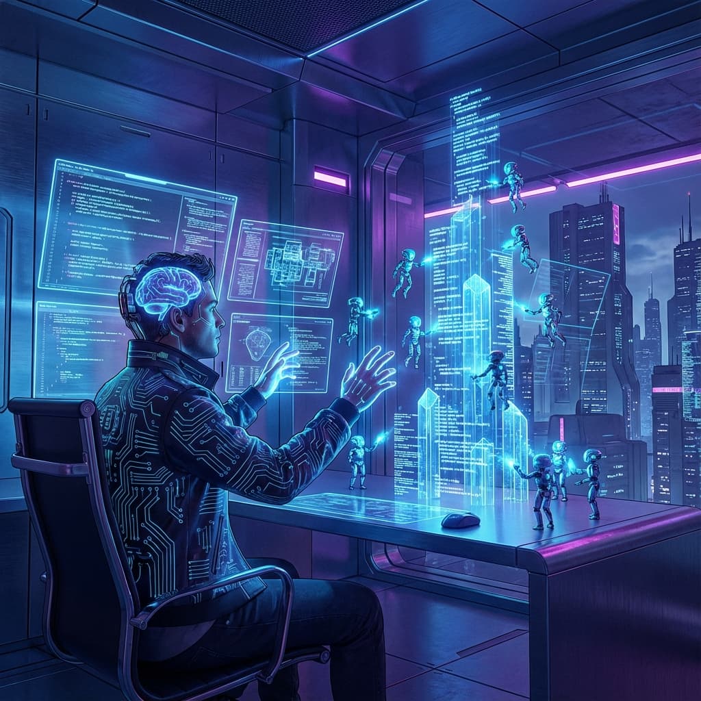 Illustration of a programmer directing AI agents