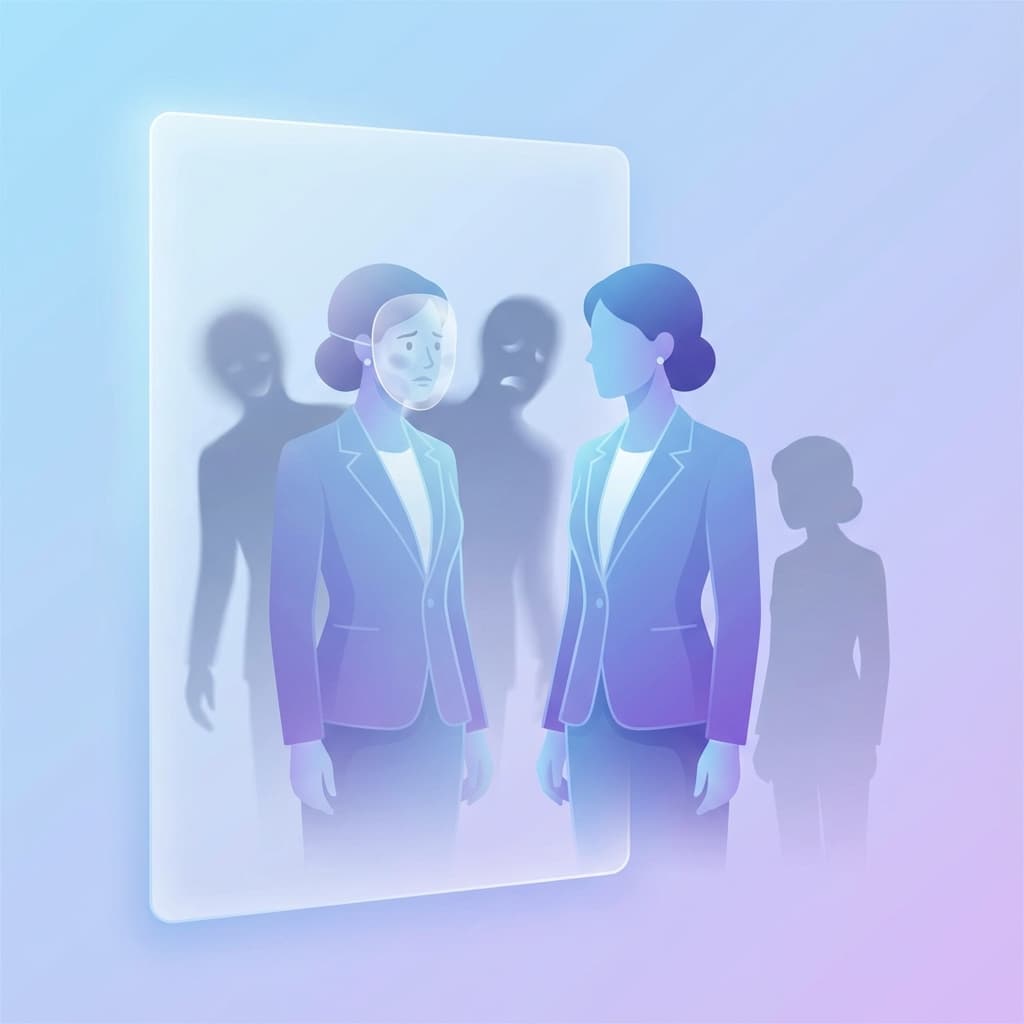 임포스터 증후군을 표현한 거울 앞의 자기 성찰 일러스트레이션