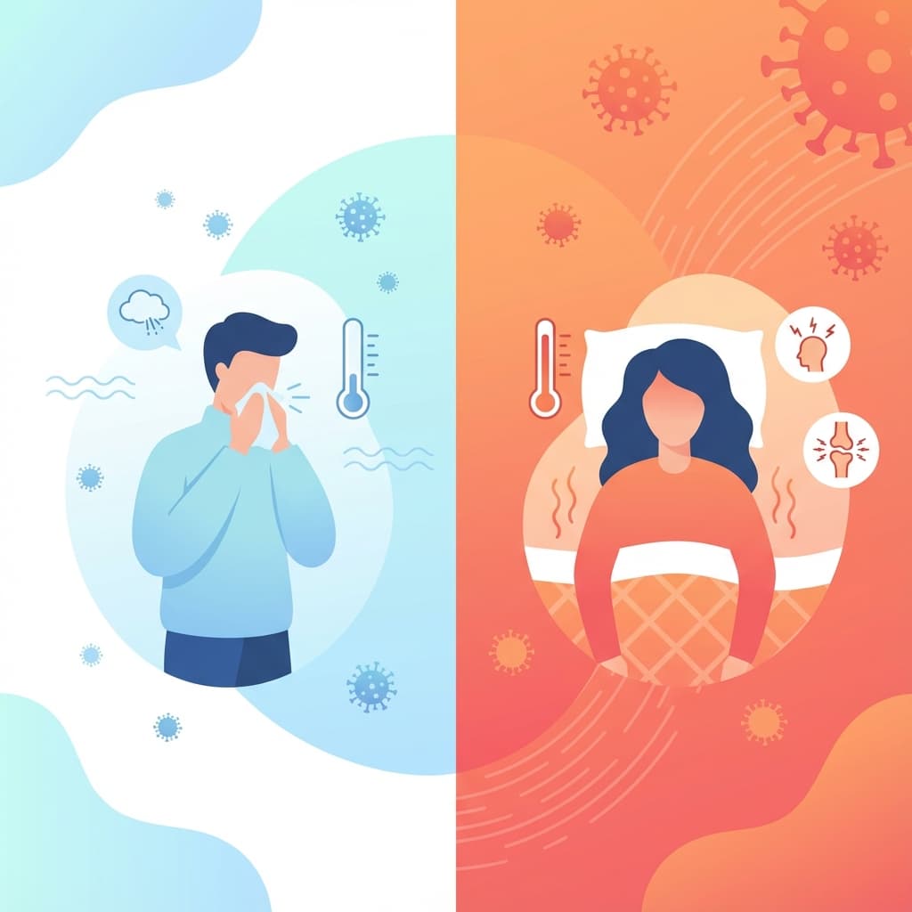 독감과 감기의 차이를 보여주는 일러스트레이션